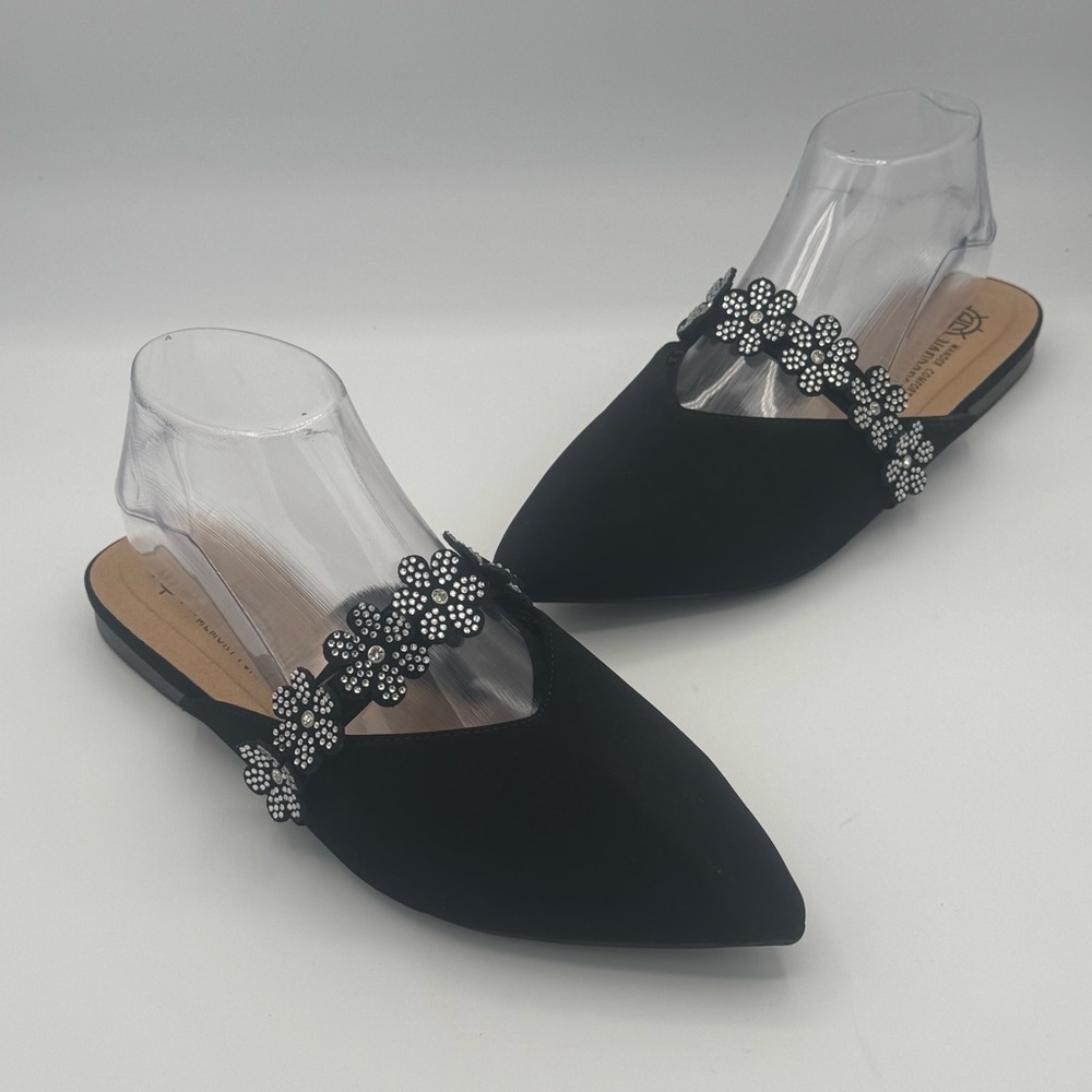 NWOT Harborsides Black Flats with Crystal Rhinestone Flower Embellishments